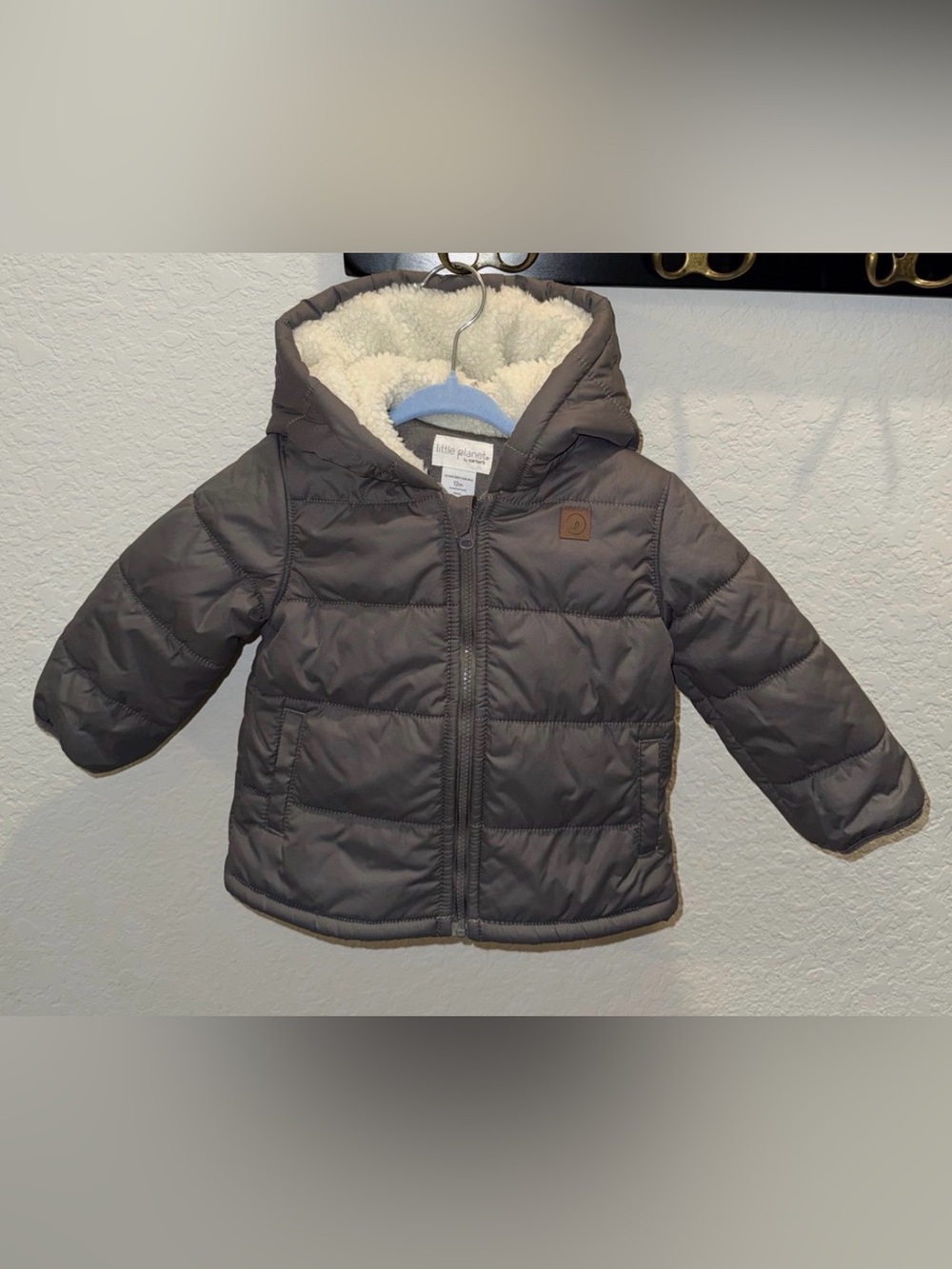 Carter’s Little Planet 12 mo hooded puffer jacket gray neutral color warm coat